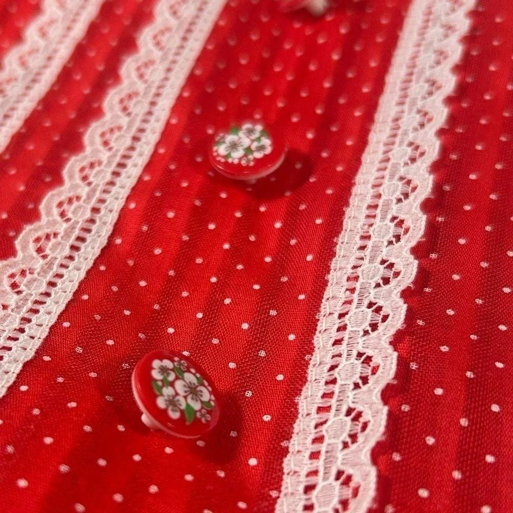 Vintage 70s Mini World Girls Prairie Dress 5 Red Polka Dot Lace Peter Pan Collar